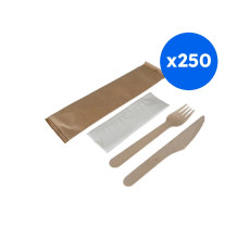 KIT COUVERT BOIS 3 EN 1 - FOURCHETTE COUTEAU SERVIETTE x250