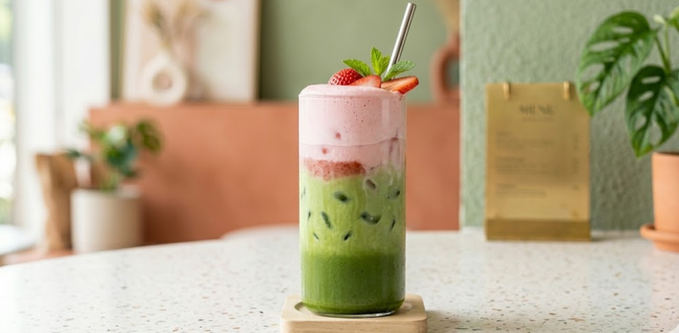 Iced Latte Matcha & Fraise : la recette barista végétale de l'été avec Alpro Barista Coco